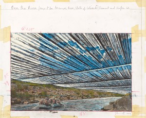 Christo Over the River (Project for Arkansas River, State of Colorado), 2009. Graphite, wax crayon, enamel paint, photograph by Wolfgang Volz, and masking tape on paper, 16 × 19 ¾ inches (40.6 x 50.2 cm) © Christo and Jeanne-Claude Foundation. Photo: Prudence Cuming Associates Ltd
