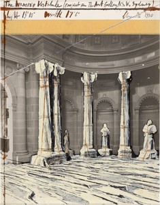 Christo Wrapped Vestibule (Project for the Art Gallery of New South Wales, Sydney), 1990. Graphite, charcoal, wax crayon, enamel paint, photograph, and masking tape on paper, 11 × 10 inches (27.9 × 25.4 cm) © Christo and Jeanne-Claude Foundation. Photo: Prudence Cuming Associates Ltd
