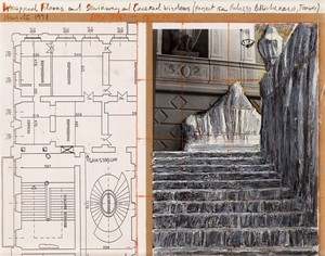 Christo Wrapped Floors and Stairway and Covered Windows (Project for Palazzo Bricherasio, Turin), 1998. Graphite, wax crayon, enamel paint, photograph by Valeria Dotto, floor plan, and kraft paper on paper, 11 × 14 inches (27.9 x 35.6 cm) © Christo and Jeanne-Claude Foundation. Photo: Prudence Cuming Associates Ltd