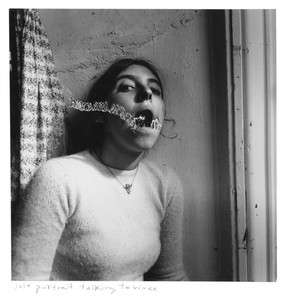 Francesca Woodman Self-Portrait Talking to Vince, c. 1976–77. Lifetime gelatin silver print mounted on mat board, sheet: 5 ¼ × 5 ⅛ inches (13.2 × 12.9 cm), mat board: 14 × 11 inches (35.6 × 28.1 cm) © Woodman Family Foundation/SIAE, Rome