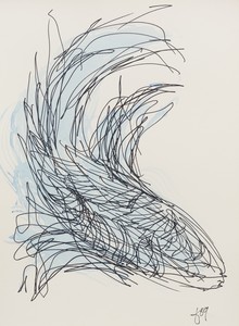 Frank Gehry Untitled (Blue Fish), 2022. Ink and watercolor on paper, 13 ½ × 11 inches (34.3 × 27.9 cm) © Frank O. Gehry. Photo: Jeff McLane