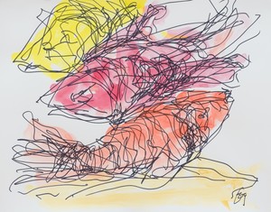 Frank Gehry Untitled (Yellow, Red and Orange Fish), 2022. Ink and watercolor on paper, 11 × 14 inches (27.9 × 35.6 cm) © Frank O. Gehry. Photo: Jeff McLane