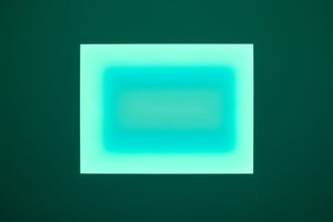 James TurrellOf One Mind (Small Wide Glass), 2024. Computer-programmed LED panel and mixed media, 46 × 62 inches (116.8 × 157.5 cm) © James Turrell. Photo: Ringo Cheung