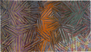 Jasper Johns Between the Clock and the Bed, 1981. Encaustic on canvas, in 3 parts (joined), 72 × 126 ¼ inches (182.9 × 320.7 cm), Museum of Modern Art, New York © 2026 Jasper Johns/Artists Rights Society (ARS), New York. Photo: © The Museum of Modern Art/Licensed by SCALA/Art Resource, New York