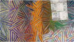 Jasper Johns Between the Clock and the Bed, 1981. Oil on canvas, in 3 parts (joined), 72 × 126 inches (182.9 × 320 cm) © 2026 Jasper Johns/Artists Rights Society (ARS), New York. Photo: Jamie Stukenberg, Professional Graphics, Rockford, Ill. © The Wildenstein Plattner Institute, Inc., New York, 2025