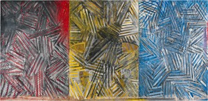 Jasper Johns Weeping Women, 1975. Encaustic, charcoal, and collage on canvas, in 3 parts (joined), 50 ⅛ × 102 ⅜ inches (127.3 × 260 cm) © 2026 Jasper Johns/Artists Rights Society (ARS), New York. Photo: Jamie Stukenberg, Professional Graphics, Rockford, Ill. © The Wildenstein Plattner Institute, Inc., New York, 2025