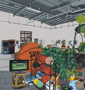 Jonas Wood Bball Studio with Tennis Court, 2026. Oil and acrylic on canvas, 110 × 104 inches (279.4 × 264.2 cm) © Jonas Wood. Photo: Marten Elder