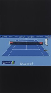 Jonas Wood Swiss Indoors Basel, 2025. Oil and acrylic on canvas, 66 × 36 inches (167.6 × 91.4 cm) © Jonas Wood. Photo: Marten Elder
