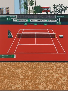 Jonas Wood French Open with Wood Grain, 2025. Oil and acrylic on canvas, 88 × 66 inches (223.5 × 167.6 cm) © Jonas Wood. Photo: Marten Elder