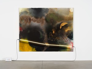 Mary Weatherford Black Moth Lamp Light, 2025–26. Flashe and neon on linen, 83 × 103 inches (210.8 × 261.6 cm) © Mary Weatherford. Photo: Fredrik Nilsen Studio