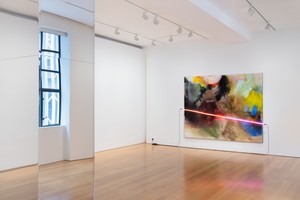Installation view with Mary Weatherford, Carmine Sun, Yellow Sun (2025–26). Artwork © Mary Weatherford. Photo: Ringo Cheung