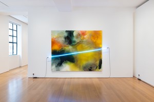 Installation view with Mary Weatherford, Carmine Sun, Yellow Sun (2025–26). Artwork © Mary Weatherford. Photo: Ringo Cheung
