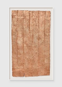 Rachel Whiteread Untitled (Copper Door), 2024–26. Papier-mâché and copper leaf, in aluminum frame, 71 ⅞ × 44 ⅛ × 4 inches (182.5 × 112 × 10 cm) © Rachel Whiteread. Photo: Prudence Cuming Associates Ltd