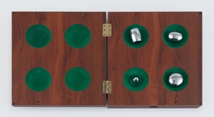 Richard Artschwager Four Approximate Objects, 1970–91. Mahogany, Formica, brass, chrome-plated brass, and flocking, 3 ½ × 14 ½ × 13 ½ inches (8.9 × 36.8 × 34.3 cm), edition of 30 + 6 AP © Estate of Richard Artschwager. Photo: Rob McKeever