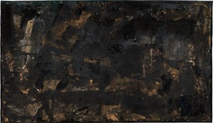 Robert Rauschenberg Black Painting, c. 1952. Oil, newspaper, paper towel, and gravel on canvas, 35 ¾ × 61 ¾ inches (90.8 × 156.8 cm) © 2026 Robert Rauschenberg Foundation/Artists Rights Society (ARS), New York. Photo: Owen Conway