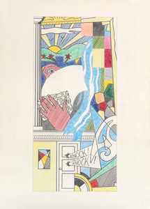 Roy Lichtenstein Mural with Blue Brushstroke (Study), c. 1984. Colored pencil and graphite pencil on paper, 41 ½ × 29 ¾ inches (105.4 × 75.6 cm) © Estate of Roy Lichtenstein