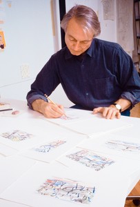 Roy Lichtenstein working on drawings in his 29th Street studio, New York, c. 1984. Artwork © Estate of Roy Lichtenstein. Photo: © Bob Adelman