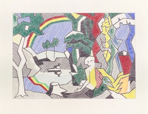 Roy Lichtenstein Landscape with Figures and Rainbow (Study), 1980. Colored pencil, graphite pencil, and paper on paper, 22 × 28 ⅜ inches (55.9 × 72.1 cm) © Estate of Roy Lichtenstein