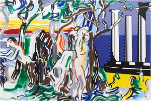Roy Lichtenstein Forest Scene with Temple, 1986. Acrylic, oil, and graphite pencil on canvas, 120 × 180 ¼ inches (304.8 × 457.8 cm) © Estate of Roy Lichtenstein. Photo: Maris Hutchinson