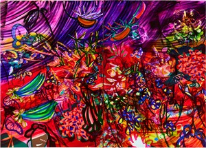 Jadé Fadojutimi Could our gaze become corrupt, the moment our heart begins to erupt?, 2026. Oil, acrylic, and oil pastel, in 2 parts, overall: 98 ½ × 137 ⅞ inches (250 × 350 cm) © Jadé Fadojutimi. Photo: Kenji Takahashi