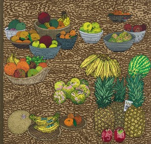 Jonas Wood Fruit on Wood, 2026. Oil and acrylic on canvas, 40 × 42 inches (101.6 × 106.7 cm) © Jonas Wood. Photo: Marten Elder