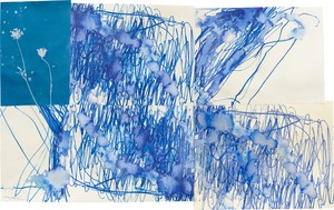 Sterling Ruby GHOSTS (9180), 2026. Watercolor, cyanotype, and mixed-media collage on paper, 16 ¼ × 26 inches (41.3 × 66 cm) © Sterling Ruby