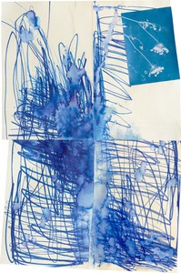 Sterling Ruby GHOSTS (9181), 2026. Watercolor, cyanotype, and mixed-media collage on paper, 30 × 20 inches (76.2 × 50.8 cm) © Sterling Ruby