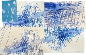 Sterling Ruby GHOSTS (9182), 2026. Watercolor, cyanotype, and mixed-media collage on paper, 21 ½ × 33 inches (54.6 × 83.8 cm) © Sterling Ruby