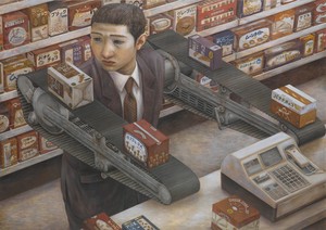 Tetsuya Ishida Supermarket, 1996. Acrylic on board, 40 ⅝ × 57 ⅜ inches (103 × 145.6 cm) © Tetsuya Ishida Estate. Photo: Martin Wong