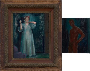 Titus Kaphar As Close to Me as Memory (Irish Nell and Black Charles), 2025. Oil on linen, in 2 parts, in wood frame with sliding mechanism, open: 30 ¾ × 39 ½ × 3 inches (78.1 × 100.3 × 7.6 cm), closed: 30 ¾ × 26 × 3 inches (78.1 × 91.4 × 7.6 cm) © Titus Kaphar. Photo: Chris Gardner