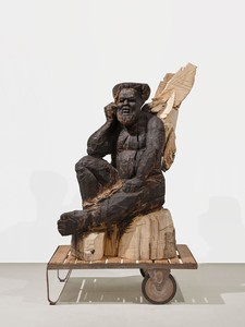 Titus Kaphar Angel for Altadena, 2025. Charred wood and found industrial object, 78 ¾ × 47 ¼ × 31 ½ inches (200 × 120 × 80 cm) © Titus Kaphar. Photo: Thomas Lannes