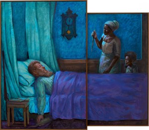 Titus Kaphar Celia: Embers, Bone, and Ash, 2025. Oil on linen, in 2 parts, in wood frame with sliding mechanism, open: 85 ½ × 100 × 5 ½ inches (217.2 × 254 × 14 cm), closed: 85 ⅝ × 57 ⅝ × 5 ½ inches (217.5 × 146.4 × 14 cm) © Titus Kaphar. Photo: Owen Conway