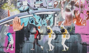 Urs Fischer Quadruple Elvis, 2026. Gesso, latex, acrylic paint, and modeling paste on canvas, 66 ⅛ × 110 ¼ inches (168 × 280 cm) ©Urs Fischer. Photo: Stathis Mamalakis