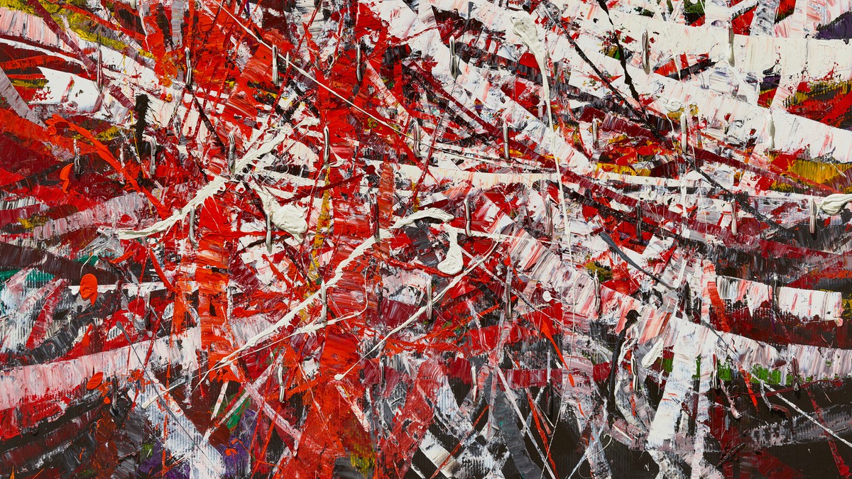 Abstract oil painting by Mark Grotjahn featuring overlapping strokes of white and red paint on a dark background which has been scraped in some areas