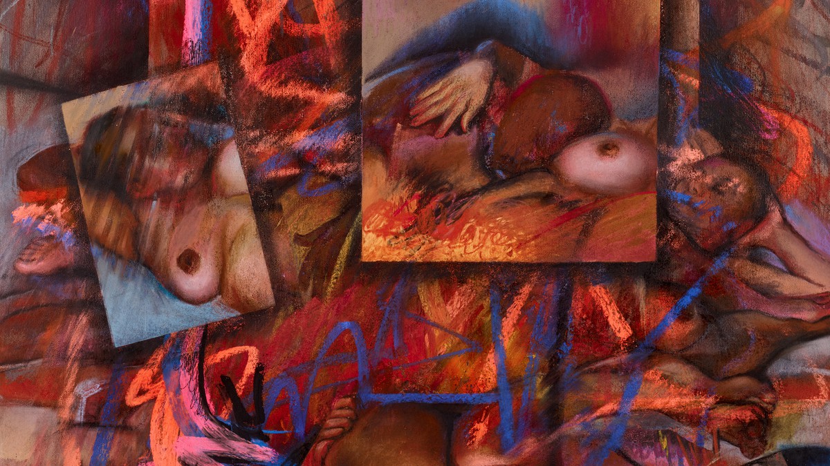 Drawing in colorful florescent pastels depicting three nude figures intertwined