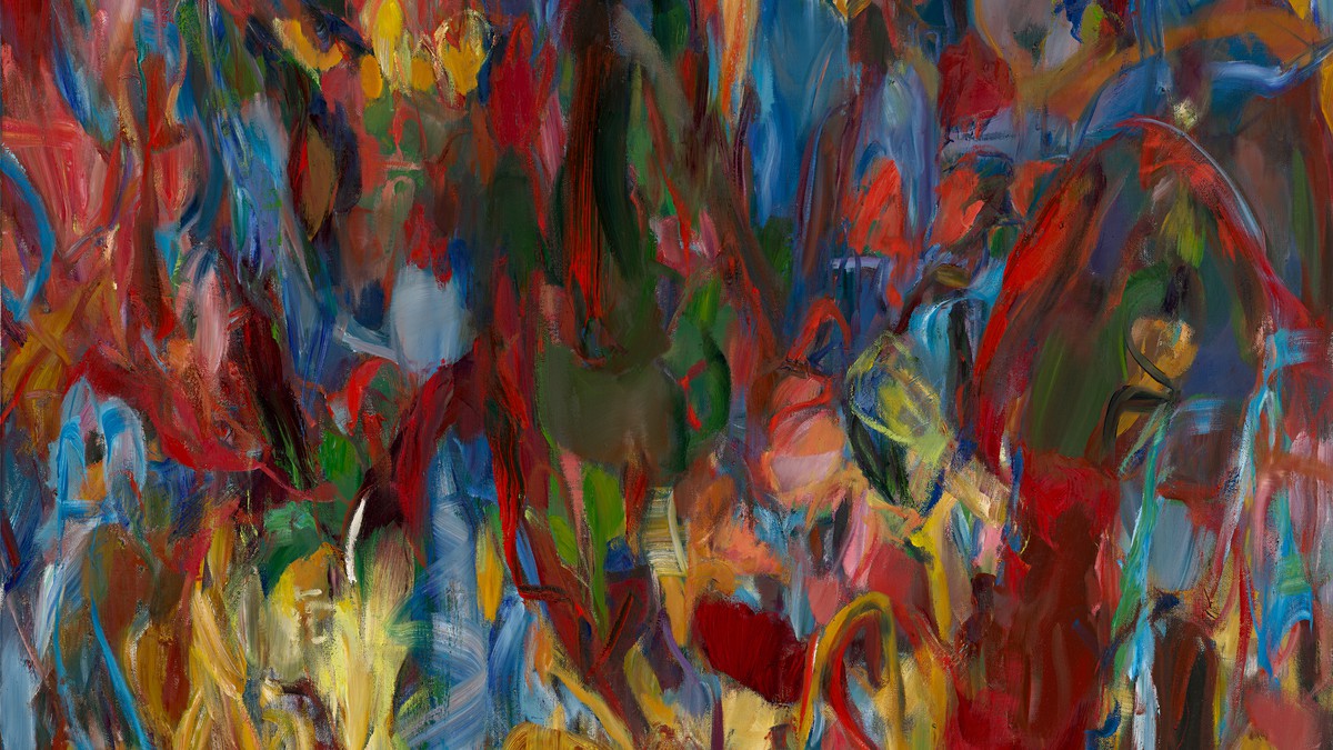 Painting with dense arrays of overlapping brushstrokes in contrasting colors