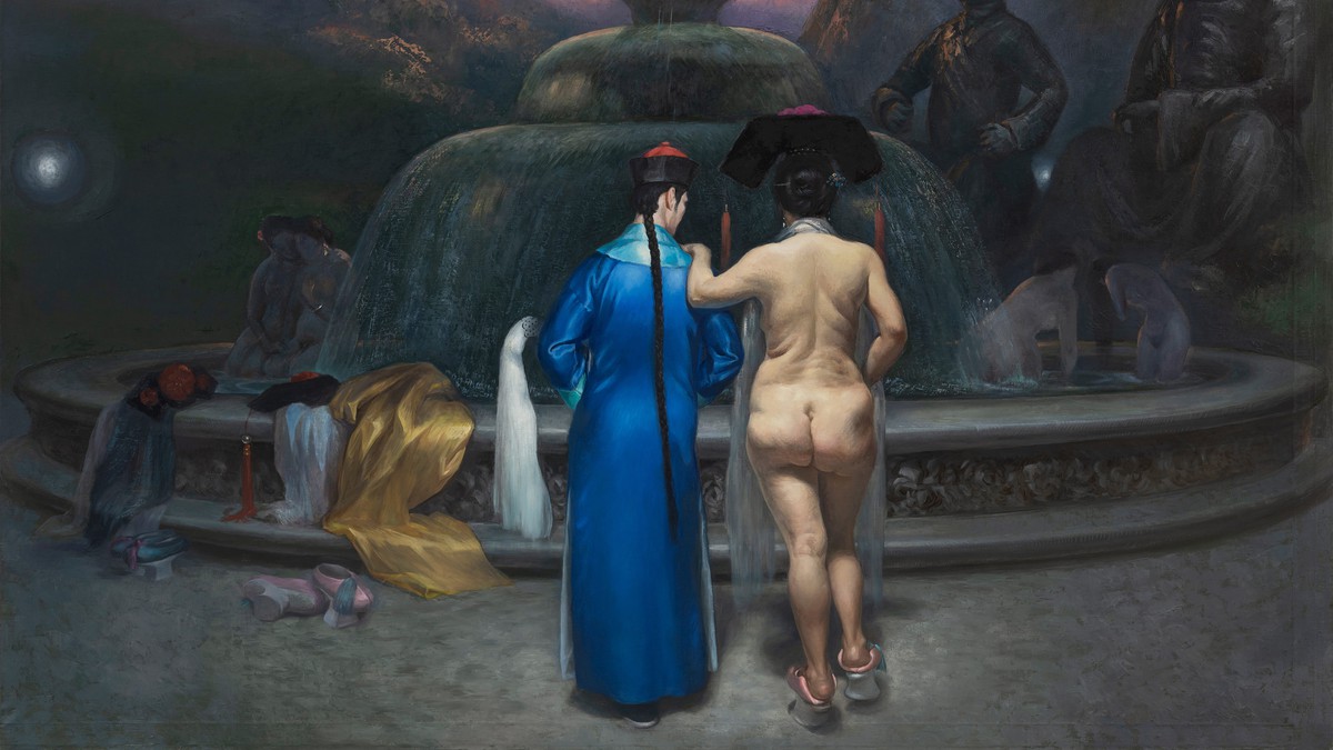 Two figures, one in a blue cloak and the other nude, standing in front of a fountain