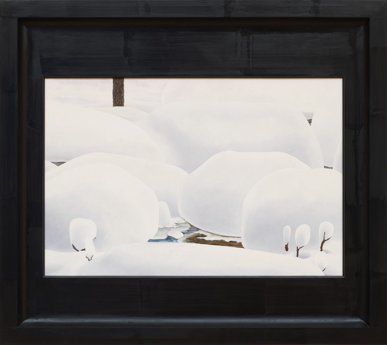Painting of a snow-covered landscape in a wood frame painted black