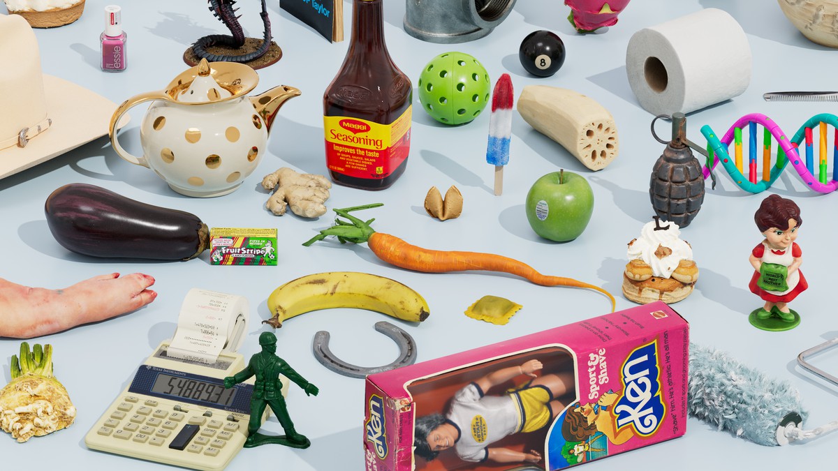 Various items including a Ken doll, toilet paper, and eight ball that are part of the one thousand digital objects from the CHAOS series by Urs Fischer