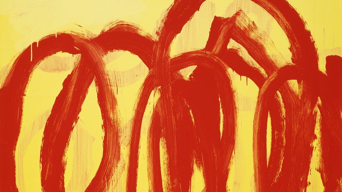 Painting featuring multiple, overlapping loops of red paint on a yellow background in a yellow frame