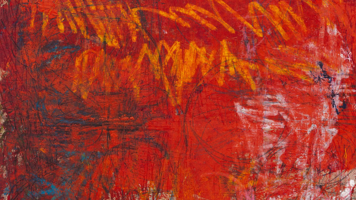 Abstract painting that is primarily red with blue, orange, and white gestural strokes
