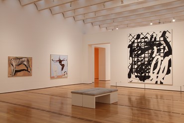 Installation view, Painter’s Painters: Gifts from Alex Katz, High Museum of Art, Atlanta,&nbsp;June 14–November 2, 2014. Artwork, left to right: © Wilhelm Sasnal, © Spencer Sweeney, © Laura Owens