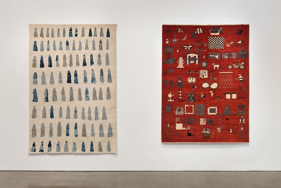 Installation view, The Afghan Carpet Project, Hammer Museum, Los Angeles, June 13–September 27, 2015. Artwork, left to right: © Jennifer Guidi, © Liz Craft
