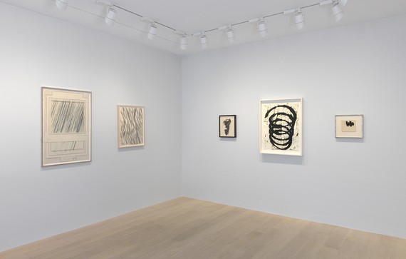 Installation view, A line (a)round an idea: Selected Works on Paper, Gagosian, Geneva, May 2–July 27, 2019. Artwork, left to right: © Cy Twombly Foundation; © 2019 Richard Artschwager/Artists Rights Society (ARS), New York; © 2019 The Franz Kline Estate/Artists Rights Society (ARS), New York; © Richard Serra; © 2019 Dedalus Foundation, Inc./Licensed by VAGA at Artists Rights Society (ARS), New York