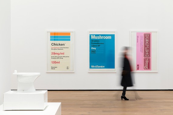 Installation view, Amuse-Bouche: The Taste of Art, Museum Tinguely, Basel, February 19–July 26, 2020. Artwork, left to right: © Opavivará!; © Damien Hirst and Science Ltd. All rights reserved, DACS 2020. Photo: Gina Folly © 2020 Museum Tinguely, Basel