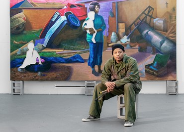 Titus Kaphar in his studio with his painting The Aftermath (2020), New Haven, Connecticut, 2020. Artwork © Titus Kaphar. Photo: John Lucas