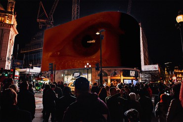 Rendering of Douglas Gordon’s if when why what (2018–22) on Piccadilly Lights, London