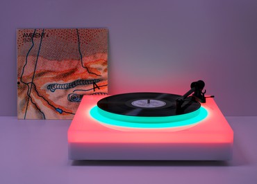 Brian Eno’s Turntable (2021) playing his album Ambient 4: On Land (1982). Artwork © Brian Eno, courtesy Paul Stolper, London. Photo: Angela Moore