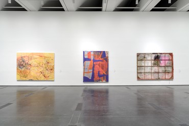 Installation view, New Abstracts: Recent Acquisitions, Los Angeles County Museum of Art, November 12, 2022–September 17, 2023. Artwork, left to right: © Jadé Fadojutimi, © Alex Hubbard, © Channing Hansen. Photo: © Museum Associates/LACMA