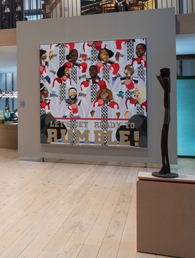 Installation view, Strike Fast, Dance Lightly: Artists on Boxing, The Church, Sag Harbor, New York, June 24–September 4, 2023. Artwork, left to right: © Derrick Adams Studio, © William King. Photo: Gary Mamay